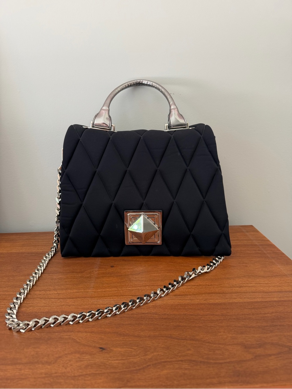 Cesare Paciotti Quilted Black Top-Handle Shoulder Bag with Silver Hardware